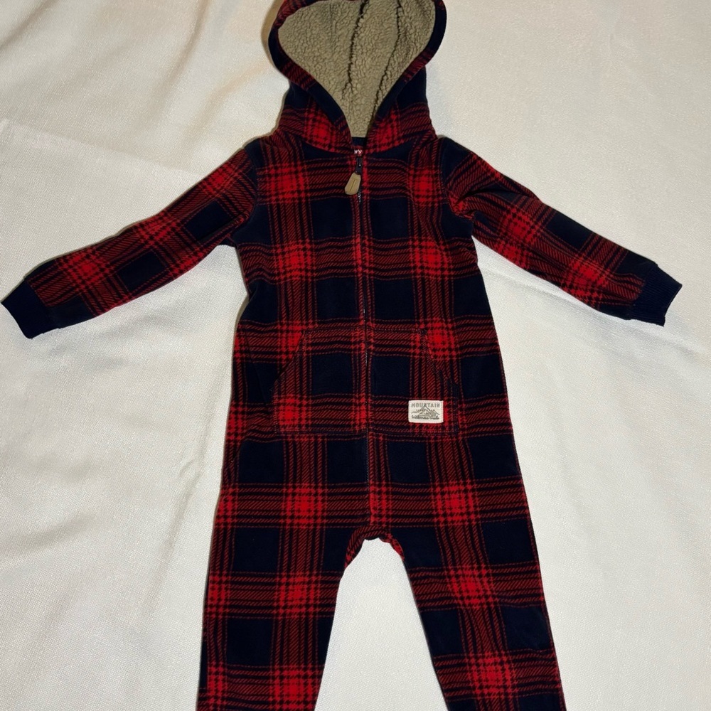 Carter's Red and Navy Plaid Hooded Footie with ears